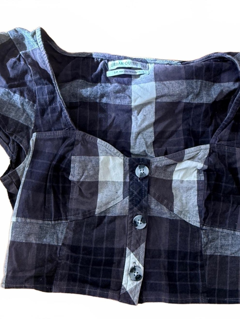 Urban Outfitters Black Plaid Cropped Button-Up Top size Small